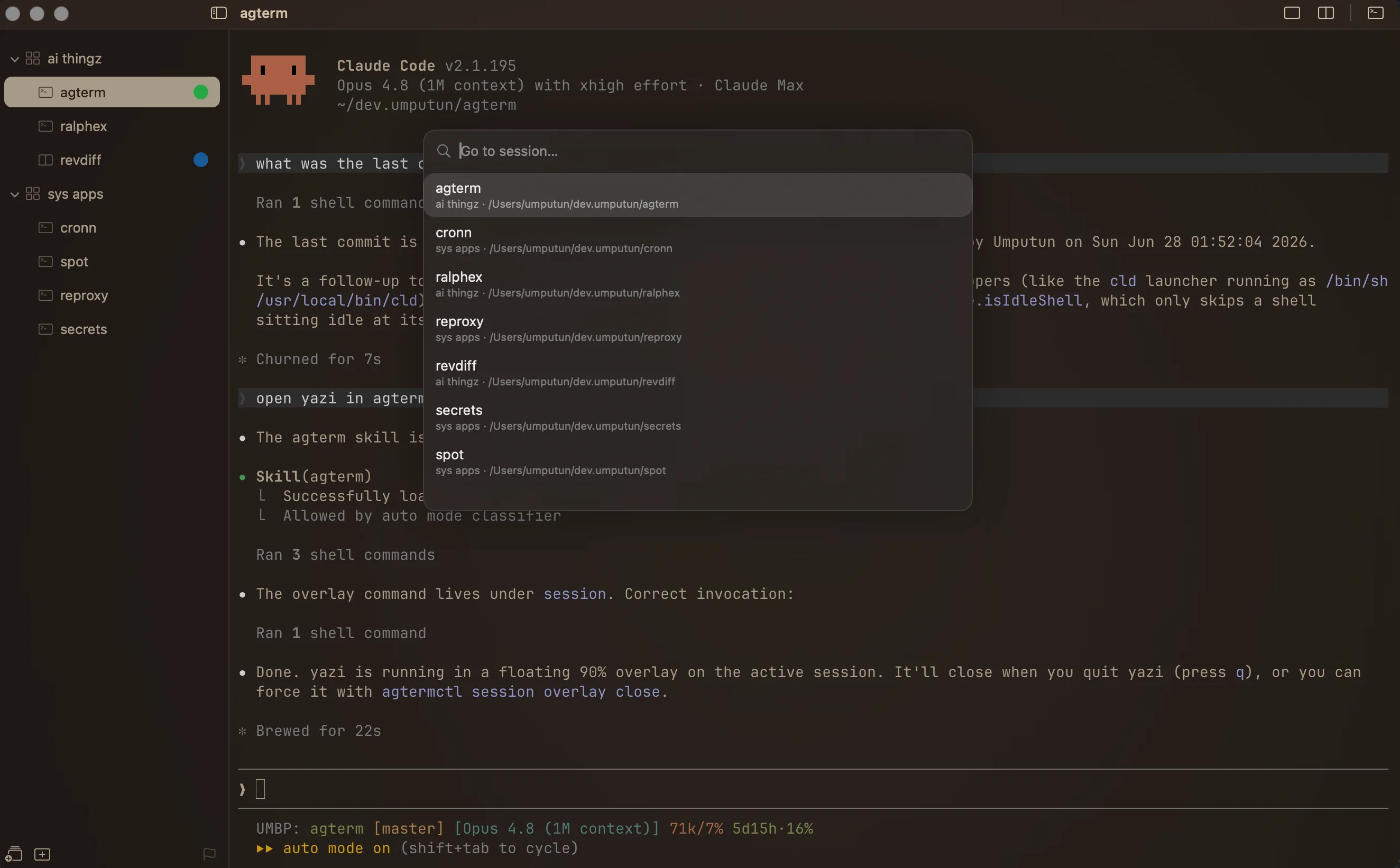 Fuzzy session palette for jumping to any session by name